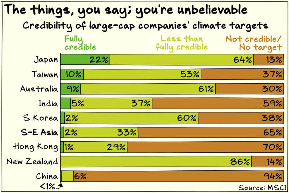 Less than 10 per cent of large-cap companies in most Asia-Pacific markets have fully credible climate targets, says MSCI.