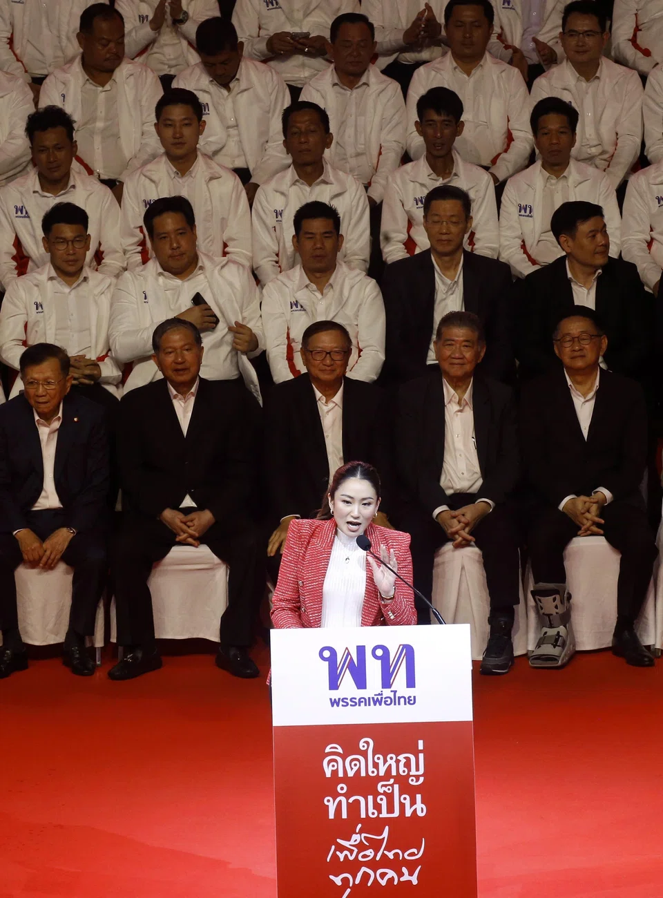 Paetongtarn Shinawatra, daughter of former Prime Minister Thaksin Shinawatra, lined up as one of the Pheu Thai Party's prime ministerial candidates, speaks during an event on March 17, 2023 to unveil the party's candidates list and announce their policies for the upcoming general election.