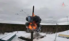 Footage released by the Russian Defence Ministry on March 1, 2024 shows the test firing of an ICBM belonging to the country's nuclear deterrence forces.