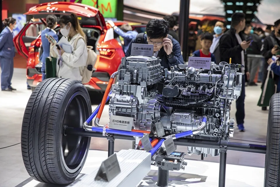 Automaker BYD showcases its intelligent body control system at its booth at the Shanghai auto show on April 24