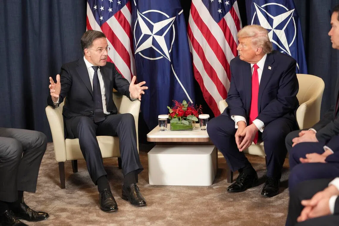 (From left) Nato Secretary-General Mark Rutte speaks during a meeting with President Donald Trump on the sidelines of the World Economic Forum in Davos, Switzerland, Jan 21, 2026. 