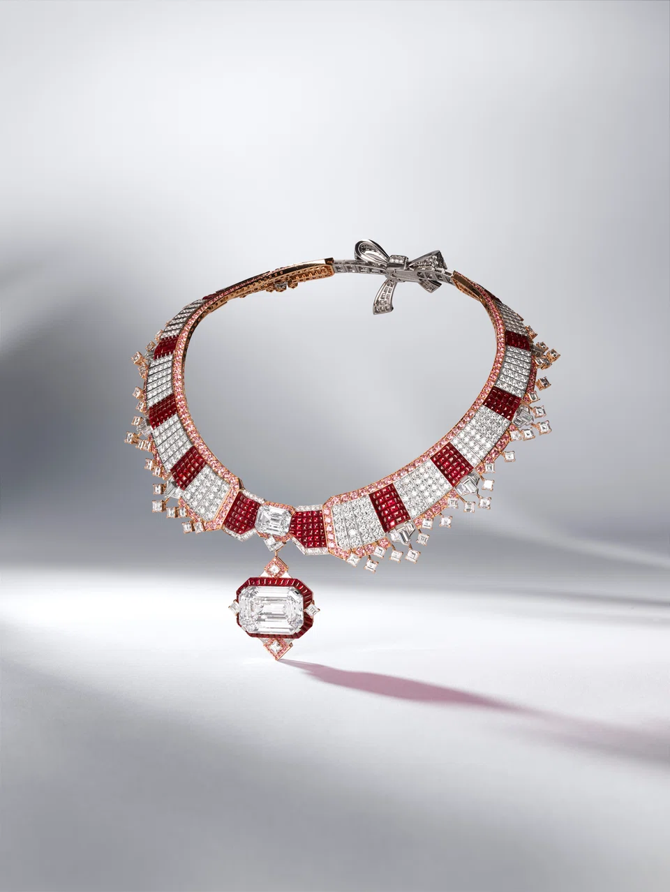 Van Cleef & Arpels Collerette Mystérieuse transformable necklace in white and rose gold with diamonds, rubies and pink sapphires





