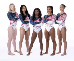 The US women’s Olympic gymnastics team wearing Go For Glory team final competition leotards, covered in almost 10,000 crystals. From left: Jade Carey, Sunisa Lee, Simone Biles, Jordan Chiles and Hezly Rivera. 