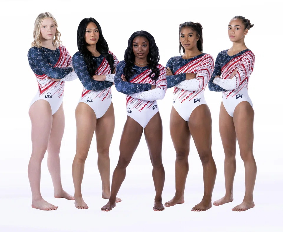 The US women’s Olympic gymnastics team wearing Go For Glory team final competition leotards, covered in almost 10,000 crystals. From left: Jade Carey, Sunisa Lee, Simone Biles, Jordan Chiles and Hezly Rivera. 