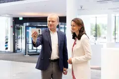 Nokia CEO Pekka Lundmark makes an immersive phone call, with Nokia Technologies president Jenni Lukander, at Nokia headquarters in Espoo, Finland. 