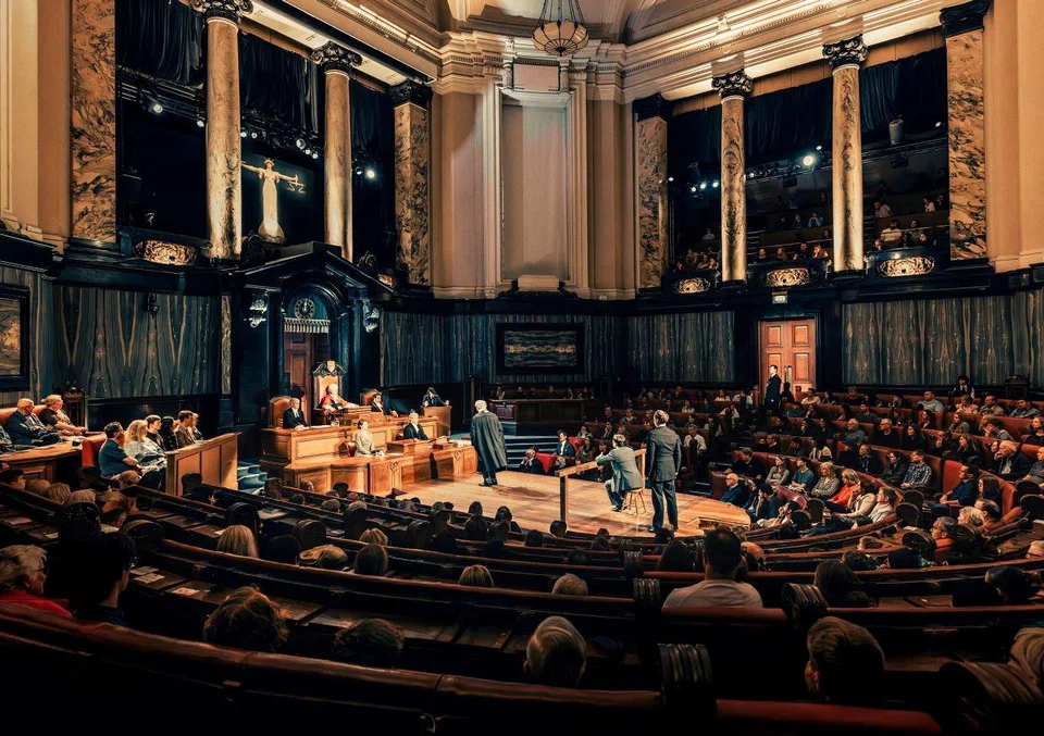 A performance of 'Witness for the Prosecution' at London County Hall, in London. First published on Jan 31, 1925, Agatha Christie’s short story about a young man on trial for the killing of a wealthy widow went on to be adapted for theatre, film and TV. 