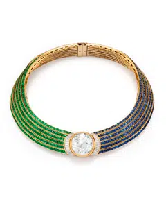 Bulgari diamond, sapphire and emerald necklace featuring a 46.56 carat round brilliant-cut diamond at its centre.