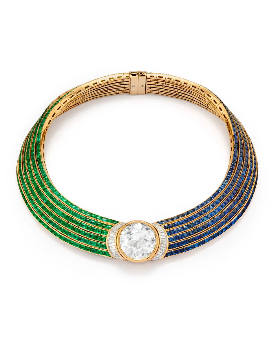 Bulgari diamond, sapphire and emerald necklace featuring a 46.56 carat round brilliant-cut diamond at its centre.