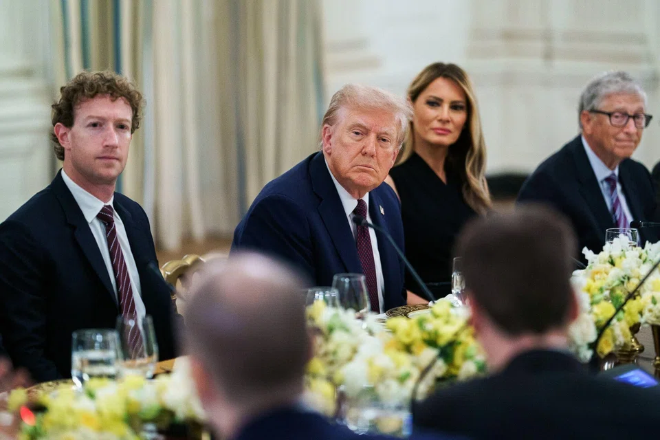 (From left) Meta Platforms CEO Mark Zuckerberg,  US President Donald Trump, First Lady Melania Trump and Gates Foundation Chair Bill Gates during a dinner with tech leaders at the White House in Washington, DC, Sep 4, 2025. 