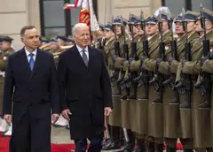 President Joe Biden is welcomed by President Andrzej Duda of Poland at the Presidential Palace in Warsaw. Biden arrived in the Polish capital Warsaw late on Monday after a surprise visit to Kyiv just days ahead of the anniversary of Russia’s invasion of Ukraine on Feb 24, 2022.