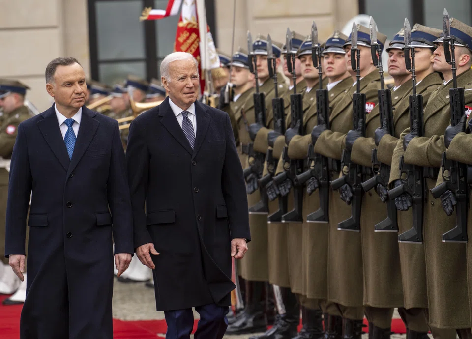 President Joe Biden is welcomed by President Andrzej Duda of Poland at the Presidential Palace in Warsaw. Biden arrived in the Polish capital Warsaw late on Monday after a surprise visit to Kyiv just days ahead of the anniversary of Russia’s invasion of Ukraine on Feb 24, 2022.