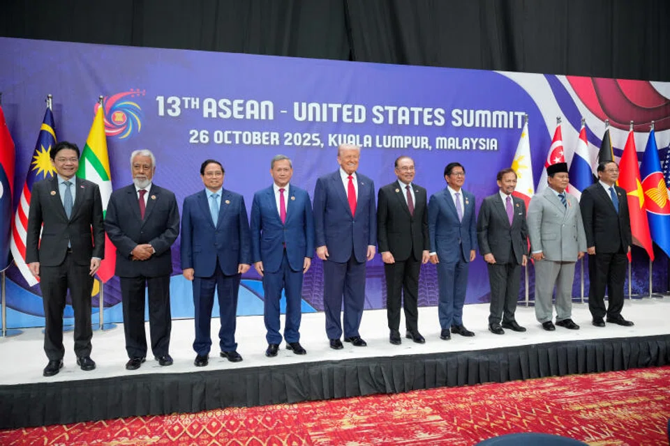 From left: Singapore PM Lawrence Wong, East Timor's PM Kay Rala Xanana Gusmao, Vietnam's PM Pham Minh Chinh, Cambodian PM Hun Manet, US President Donald Trump, Malaysian PM Anwar Ibrahim, Philippine President Ferdinand Marcos Jr, the Sultan of Brunei Hassanal Bolkiah, Indonesian President Prabowo Subianto and Laos' PM Sonexay Siphandone at the Asean Summit in Kuala Lumpur on Oct 26.