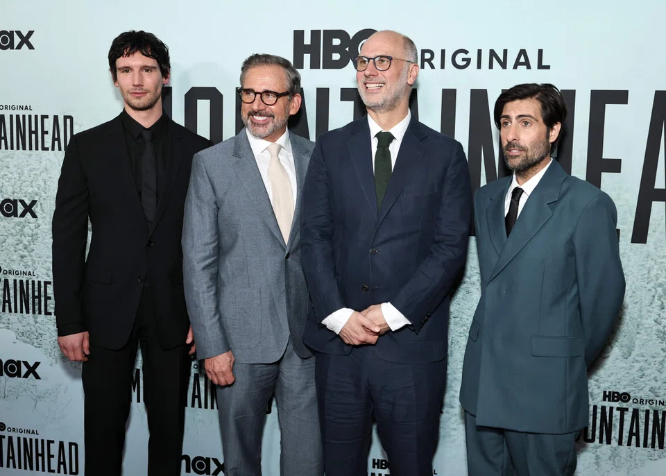 Left to right: Cory Michael Smith, Steve Carell, Jesse Armstrong and Jason Schwartzman attend HBO's "Mountainhead" world premiere in New York City. The film revolves around four wealthy friends who are holed up together at a mountain retreat as the world descends into chaos.