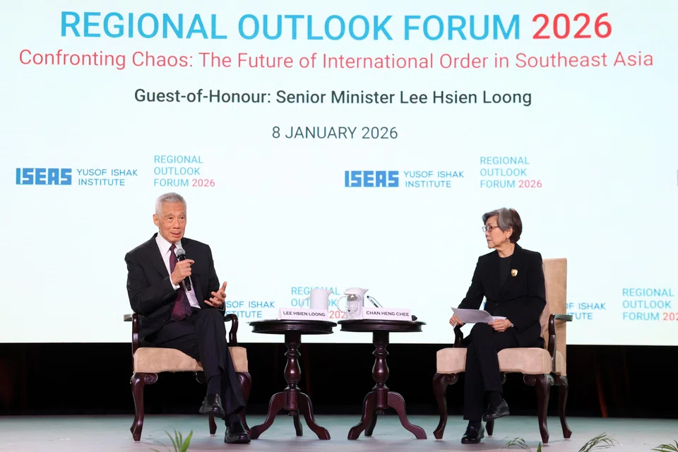 Senior Minister Lee Hsien Loong with Professor Chan Heng Chee, chair of the Iseas-Yusof Ishak Institute’s board of trustees, at the dialogue on Thursday (Jan 8).  