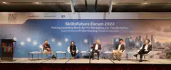 SkillsFuture Forum 2022 panel discussion:. (left to right) Tan Kok Yam, chief executive of SkillsFuture Singapore; Ang Wan May, managing partner of Egon Zehnder; Manohar Khiatani, senior executive director of CapitaLand Investment; Tan Ru-Ding, managing director of Flexmech Engineering; discussion moderator Christopher Lim, digital editor, The Business Times. 
