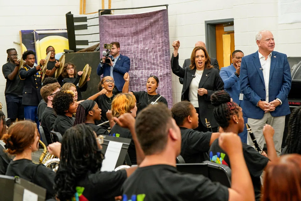 Democratic presidential nominee and US Vice-President Kamala Harris and vice-presidential nominee Minnesota Governor Tim Walz visit Liberty County High School in Hinesville, Georgia, Aug 28, 2024. 