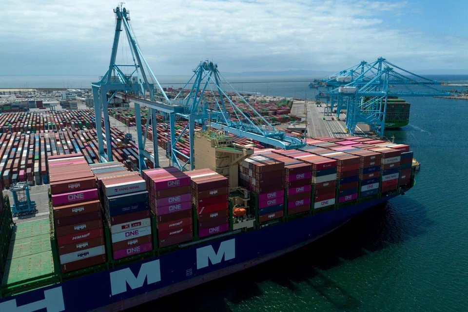 The HMM Aquamarine container ship docked at the Port of Los Angeles in Los Angeles, California, April 25, 2025. China said it will "fully prepare" emergency plans to ward against increasing external shocks, taking a patient approach in defending growth as a deepening trade war with Donald Trump piles pressure on the world's No. 2 economy.