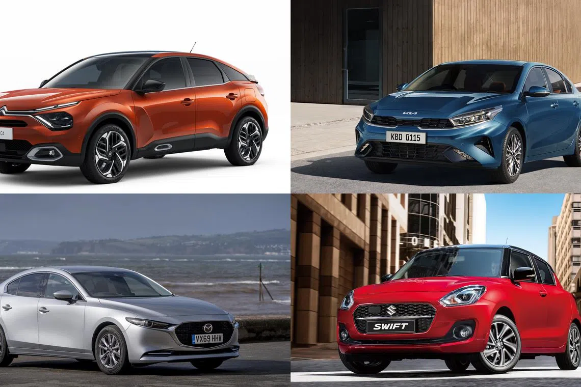 (Clockwise from top left:) The Citroen C4 Feel, the Kia Cerato SX, the Suzuki Swift 1.2 and the Mazda 3 1.5 Classic.