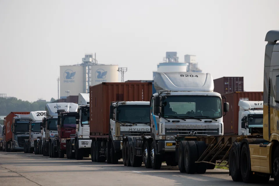 A line of trucks parked as a protest at the Uiwang Inland Container Depot in Uiwang, South Korea, on June 10, 2022. 