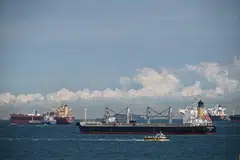 Ships moored in the waters of the Singapore Strait in March 2022.