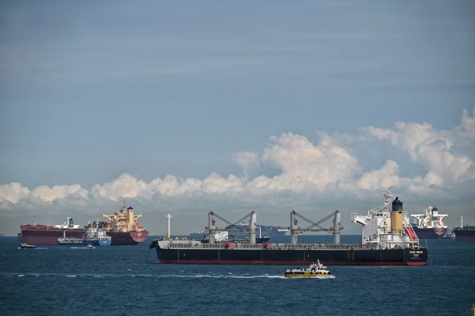 Ships moored in the waters of the Singapore Strait in March 2022.