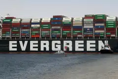 Ever Given setting sail to leave through the Suez Canal after a settlement in 2021. Decarbonisation of the shipping industry is expected to be a major topic at the Singapore Maritime Week.