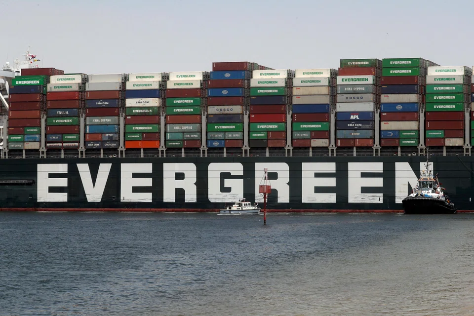 Ever Given setting sail to leave through the Suez Canal after a settlement in 2021. Decarbonisation of the shipping industry is expected to be a major topic at the Singapore Maritime Week.