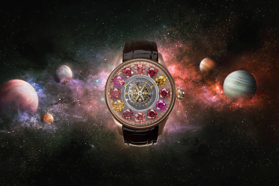 Anchored by the flying tourbillon the G-Timeless Planetarium heightens its visual drama with astronomically-themed baubles. 