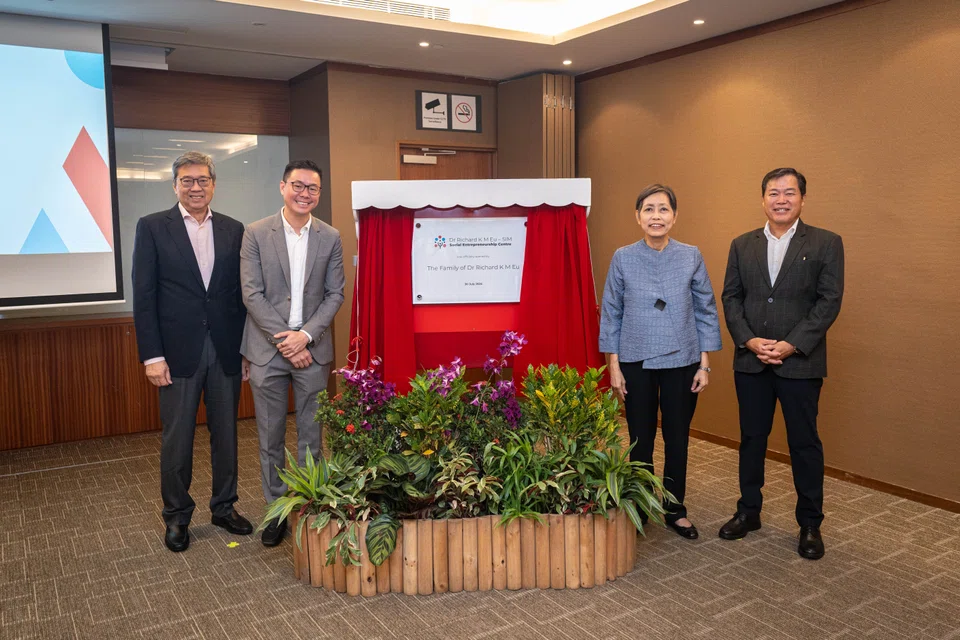 At the launch of Ressec at SIM on Jul 30 were (from left) SIM's founding chairman's son Richard Y M Eu, his grandson Jonathan Eu, SIM chairman Euleen Goh, and SIM chief executive Seah Chin Siong.