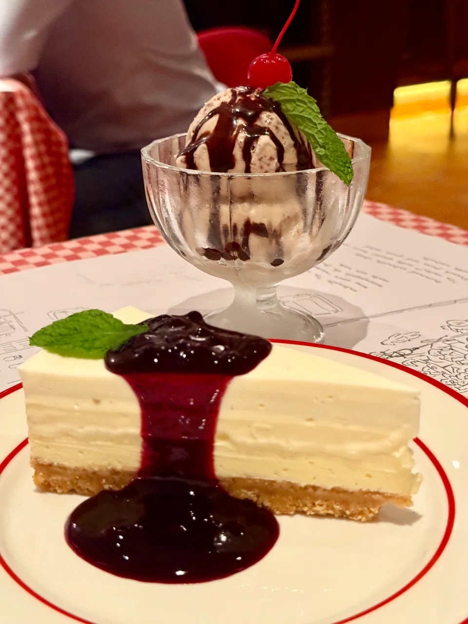 Cheesecake and Messina chocolate gelato.