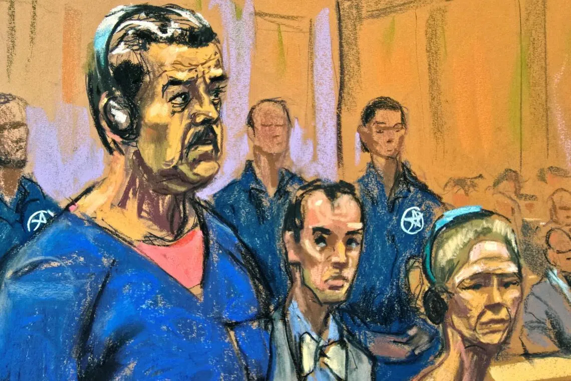 In a courtroom sketch, Venezuela's captured President Nicolas Maduro and his wife Cilia Flores at their arraignment with defence lawyer Mark Donnelly on Jan 5, 2026.