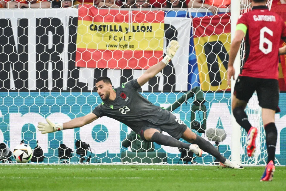 Albania's goalkeeper Thomas Strakosha concedes a goal during the Uefa Euro 2024 match between Albania and Spain in Duesseldorf, Germany, June 24, 2024. 