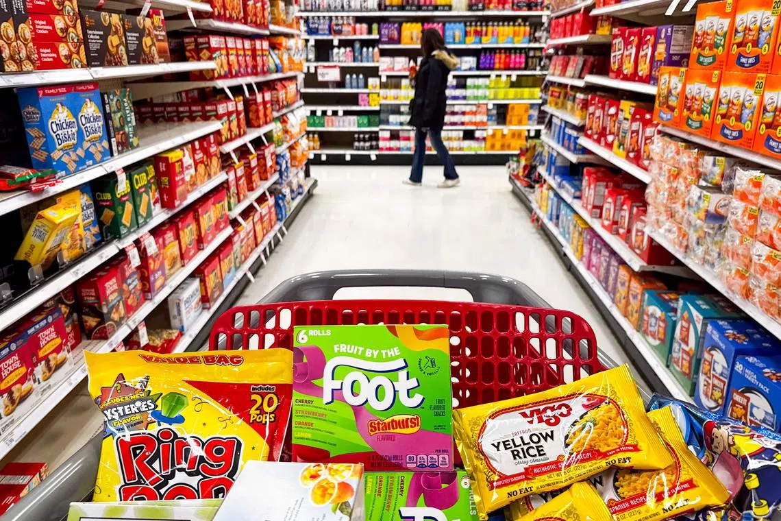 Bazooka Ring Pop Lollipops, Del Monte Fruit Cup Snacks, Starburst Fruit By The Foot snacks, Double Bubble Bubble gum, Vigo Saffron Yellow Rice and Baby Bottle Pop candy, all products that use Red Dye No. 3, in a photo, Dec 27, 2024. The US Food and Drug Administration on Jan 15, 2025 announced a ban on Red Dye No. 3, a controversial food colouring long known to cause cancer in animals, decades after scientific evidence first raised alarm. 