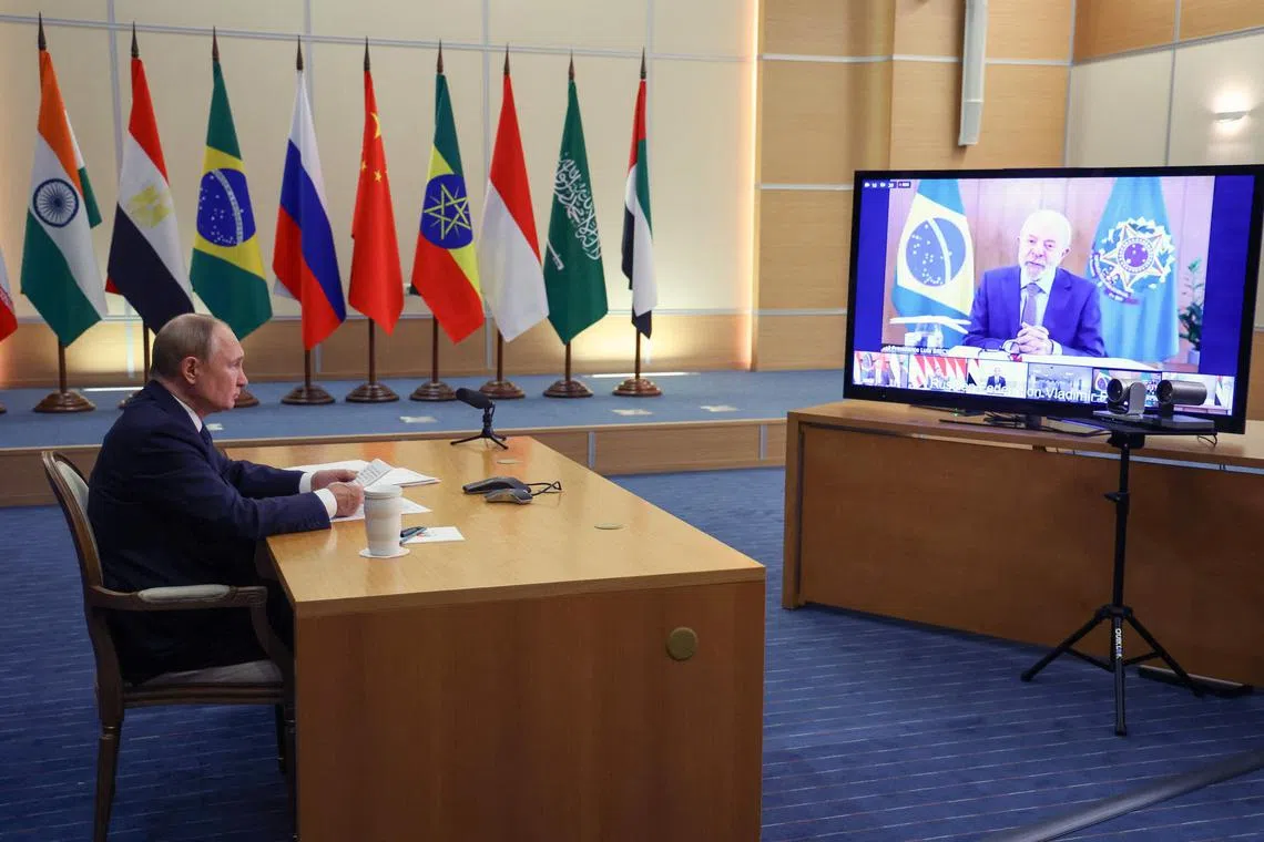 Russia's President Vladimir Putin attends an extraordinary virtual summit of the Brics group of nations at the initiative of Brazil’s President Luiz Inacio Lula da Silva.  