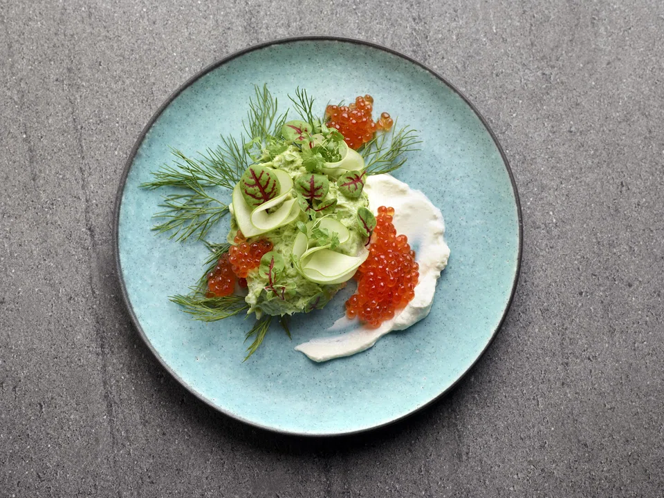 A refreshing starter of Cangrejo or crab salad, studded with avocado and green apple bits.