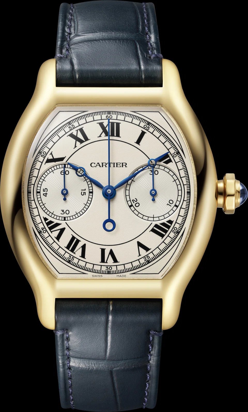 The new Cartier Prive Tortue Monopoussoir Chronograph in yellow gold pays homage to Louis Cartier’s original 1912 design, while subtly reworking it with elongated horns and a slimmer profile for modern comfort. 