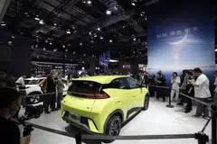A BYD Seagull electric vehicle at the Shanghai Auto Show in April 2023. The show featured international names from Volkswagen to Ford Motor.