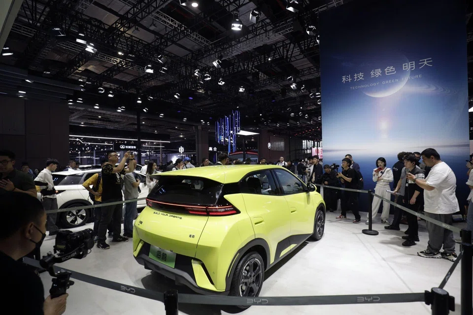 A BYD Seagull electric vehicle at the Shanghai Auto Show in April 2023. The show featured international names from Volkswagen to Ford Motor.