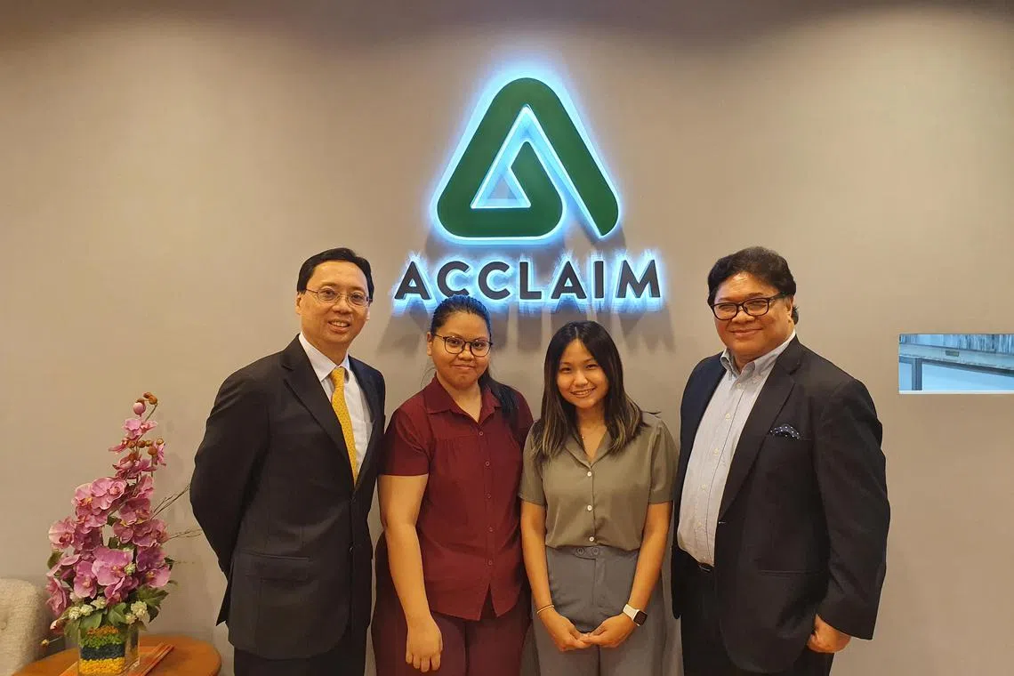 From left: Acclaim chief executive Tony Lim; Acclaim-Heartware Endowment Fund 2021 recipients Dewi Murni binte Musa and Crystal Khoo Jinying; and Acclaim chairman Anthony Lim.