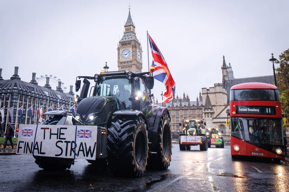 British farmers drive tractors into Westminster in central London to protest against changes to inheritance tax rules announced in the recent budget.