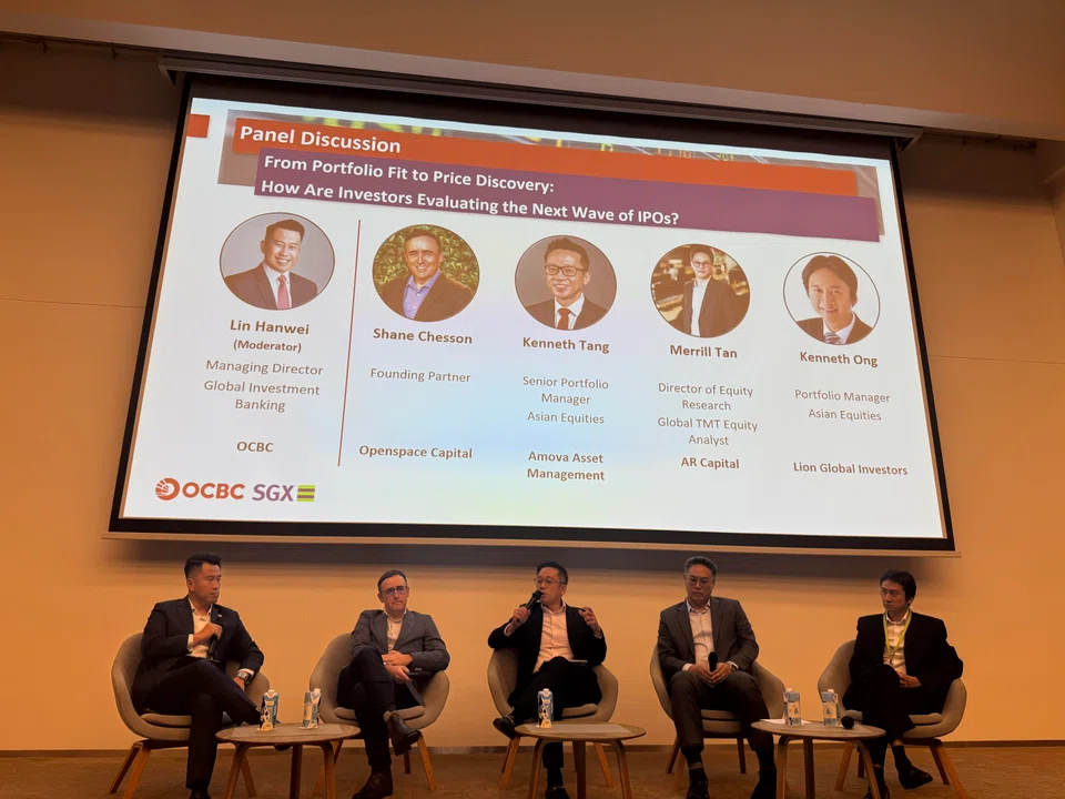 From left: Moderator Lin Hanwei, managing director for global investment banking at OCBC, with panellists Shane Chesson, founding partner at Openspace Capital; Kenneth Tang, senior portfolio manager for Asian equities at Amova Asset Management; Merrill Tan, director of equity research and global technology, media, telecommunications equity analyst at AR Capital; and Kenneth Ong, portfolio manager for Asian equities at Lion Global Investors.