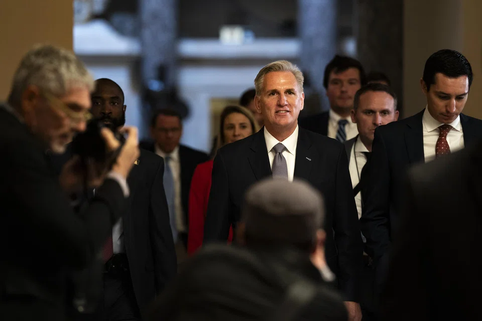US House Speaker Kevin McCarthy at the US Capitol in Washington on Sep 30, 2023. He struck a compromise deal with Democrats over the weekend, averting a government shutdown.
