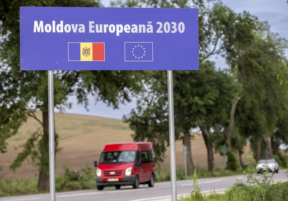 A billboard near the village of Bulboaca, some 40 km from Chisinau, Moldova. Moldova will host the second European Political Community summit on Jun 1 at the Mimi Castle.  