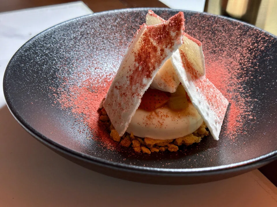 Rhubarb and strawberry surrounded by yogurt mousse.