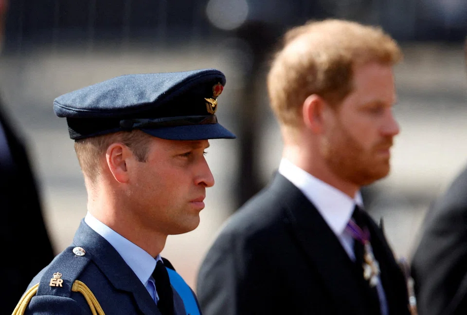 Britain's Prince William (left) and Prince Harry during the funeral procession of Queen Elizabeth II in London on Sep 14, 2022. Harry has called William not only his “beloved brother” but his “arch nemesis”.  