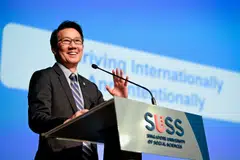 UOB managing director Ian Wong delivers a keynote session on thriving internationally and intentionally at the inaugural Global Leadership Symposium on Oct 19, 2023. 