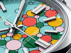 The colourful bubbles of the Rolex Oyster Perpetual provide a burst of positivity, a splash of vitality, and a reminder of the magic that happens when watchmaking meets art. 