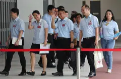 Workers' Party Sengkang GRC candidates (from left) Dr Jamus Lim, He Ting Ru, Abdul Muhaimin Abdul Malik, Louis Chua at Yusof Ishak Secondary School on Apr 23. 
