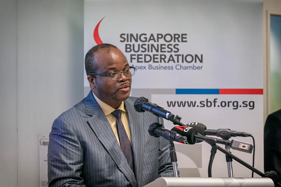 King Mswati III of  Eswatini speaking at a business seminar in Singapore on June 28, jointly organised by Singapore Business Federation (SBF) and Enterprise Singapore (EnterpriseSG). 