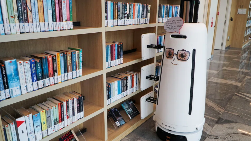 A view of a book-scanning robot used by Singapore's National Library Board, to scan and report misplaced books. 